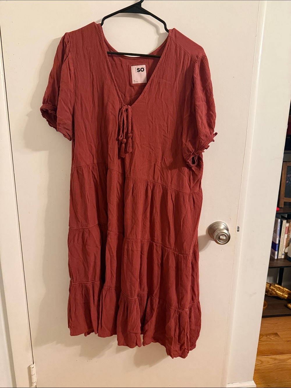 SO Brick Red Tie-Front Tiered Midi Dress